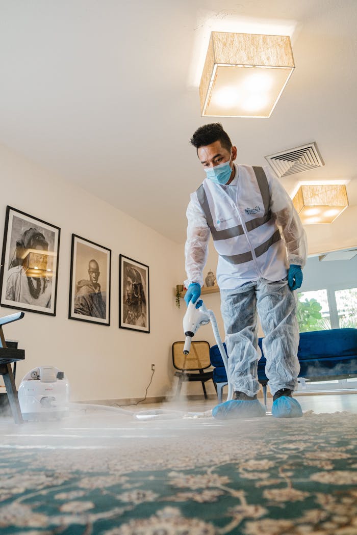 hero-img A professional in protective gear steam cleans carpet indoors, maintaining hygiene.