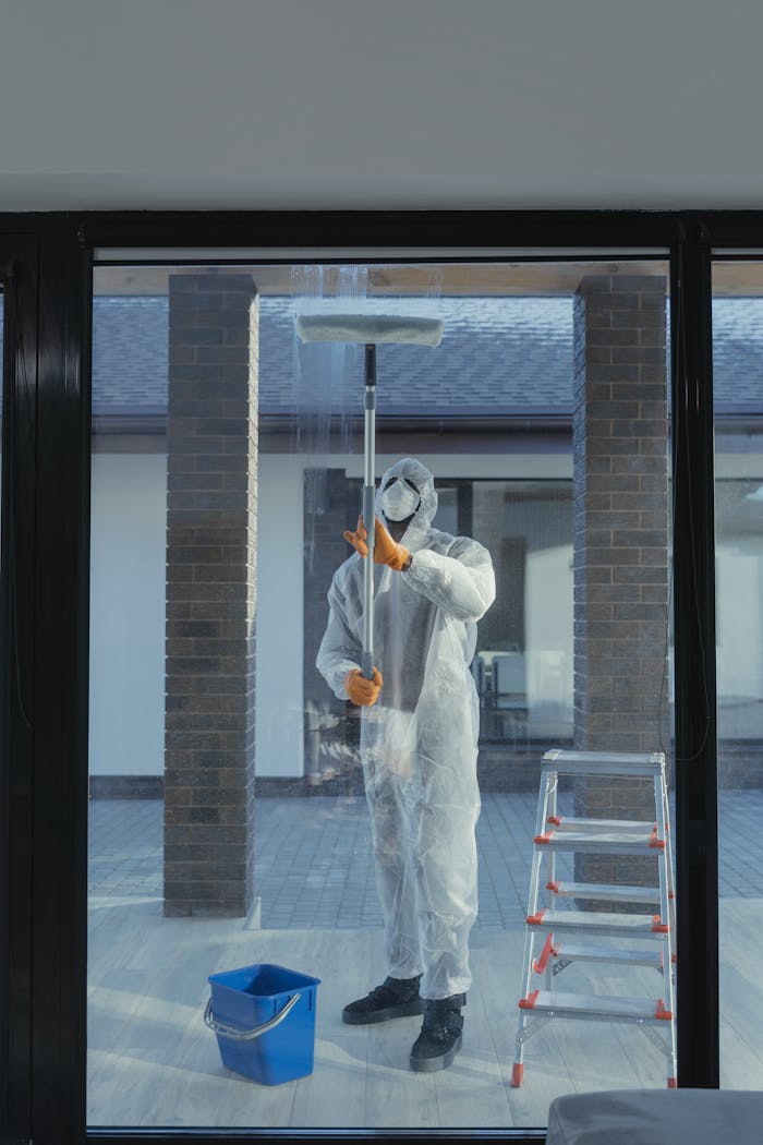 about-01 A man in full protective gear cleaning a glass window during the daytime.